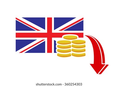 Flat vector image of the British flag with coins and a downward arrow