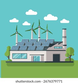 Imagem vetorial plana de um edifício com painéis solares e moinhos de vento no topo, posicionada contra um céu azul com nuvens e uma paisagem verde, representando energia sustentável.