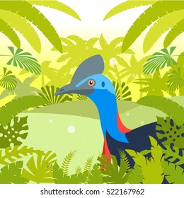 Flat Vector image of the Cassowary on the Jungle Background