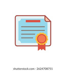 A flat vector image of a certificate with a seal and ribbon, set against a White Background.