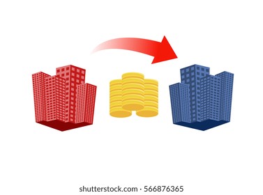 Flat vector image of city buildings with coins and an arrow