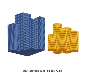 Flat vector image of city buildings with coins