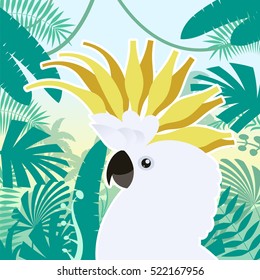 Flat Vector image of the Cockatoo on the Jungle Background