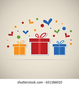 Flat vector image of colored gift boxes with confetti and hearts. Eps 10