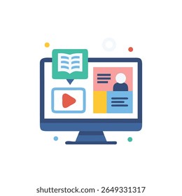 Flat vector image of a computer screen showing education resources. The style is clean and modern with vibrant colors.