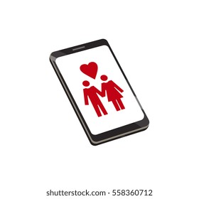 Flat vector image of a couple and a heart on a  smart phone screen