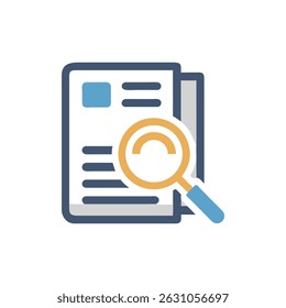 A flat vector image depicting a book with a magnifying glass. Visual style uses dark blue outlines and solid colors.