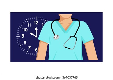 Flat vector image of a doctor with a clock behind him and a night-time background