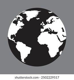 Flat vector image of the Earth, rounded shape, white continent, black oceans, minimalist style.