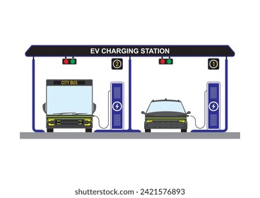 Flat vector image of electric bus and car on the EV charging station for refueling the battery power.