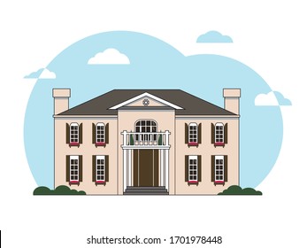 Flat vector image of elegant beige manor in traditional style. Beautiful villa with greenery all around and blue sky sphere as background. Perfect illustration for real estate development and housing.