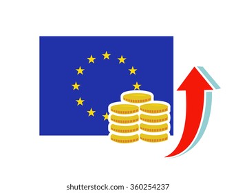 Flat vector image of the European flag with coins and an upwards arrow