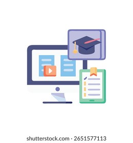 Flat vector image featuring a computer monitor, graduation cap icon, and checklist. Pastel color palette evokes a playful yet professional tone.
