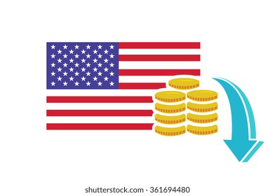 Flat vector image of the flag of the United States of America with coins and a downwards arrow