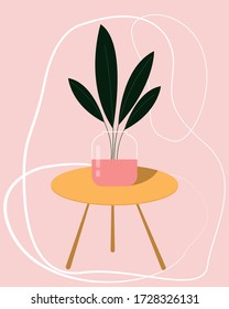 Flat vector image. Flowers in vases on table. Room decorated with plants. 