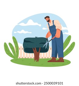 Flat vector image of gardener at work. Person cut bush or trimming shrubbery in orchard with tool. Agriculture service at backyard with cutter. Farmer at garden. Nature cultivating and pruning.