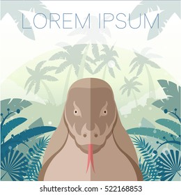 Flat Vector image of the Giant lizard on the Jungle Background
