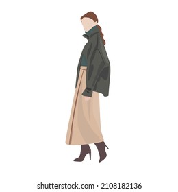 Flat vector image of a girl. Fashionable coat, sweater and skirt. Suitable for autumn, spring. A young stylish girl in an urban environment. Suitable for postcards, posters, illustrations