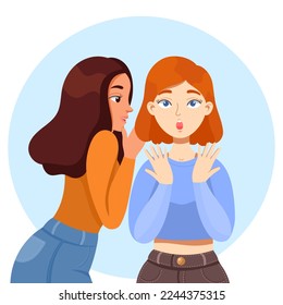 Flat vector image of a girl whispers a secret to another girl. the concept of talkativeness and gossips