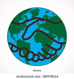 Flat vector image of a globe and a handshake