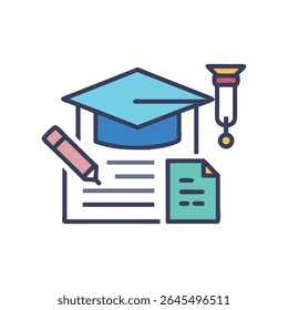Flat vector image of graduation cap, diploma and pencil. A bright, modern graphic for educational content.