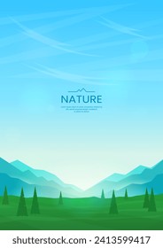 Flat vector image. Green valley and trees in the foreground. Mountains and hills in the distance. Dawn, sunrise. The concept of tourism, hiking. Poster, wallpaper, postcard, cover design.