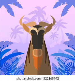 Flat Vector image of the Horned Horse Gnu on the Jungle Background