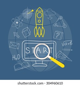 Flat  vector image icon of loupe with hand drawn symbols on the blue background. EPS 10