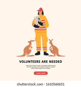 Imagen plana vectorial Fireman con koala y canguro para la página de inicio, ui, web, tarjeta de introducción de la aplicación, editorial, volante y banner. Héroe valiente