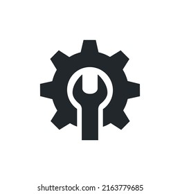 flat vector image isolated on white background, black icon of gear and wrench, tuning or repair