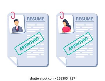 flat vector image isolated on white background, a sheet of paper with a resume of a man and a woman, a positively approved resume