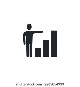 flat vector image isolated on white background, icon of a person and a growing chart, achieving personal success in business or improving financial performance