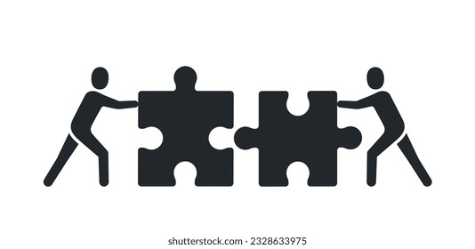 flat vector image isolated on white background, icon of persons pushing pieces of puzzle, personal work or task or teamwork