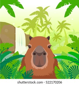 Flat Vector image of the Kapibara on the Jungle Background