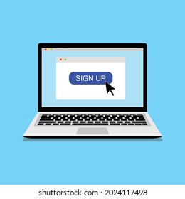 Flat vector image of laptop on blue background with arrow button pressing sign up.