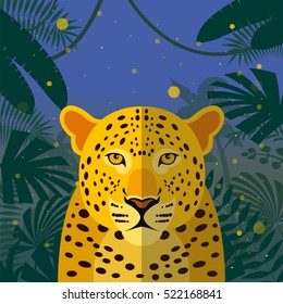 Flat Vector image of the Leopard on the Jungle Background
