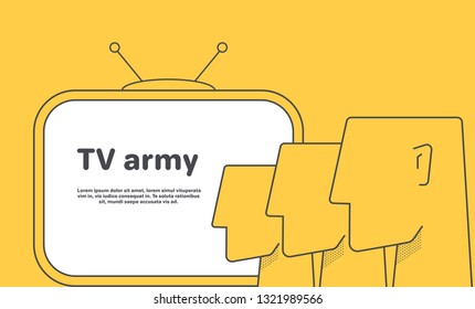 flat vector image in a linear style on a yellow background, heads of people on the background of the TV screen, business advertising and marketing