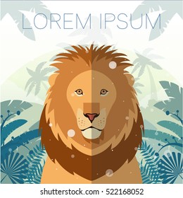 Flat Vector image of the Lion on the Jungle Background