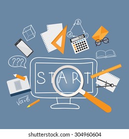 Flat  vector image loupe with office icons and hand drawn symbols  on the blue background. EPS 10