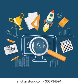 Flat  vector image loupe with office icons and hand drawn symbols  on the blue background. EPS 10