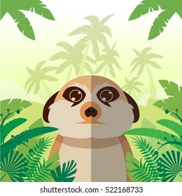 Flat Vector image of the Meerkat on the Jungle Background