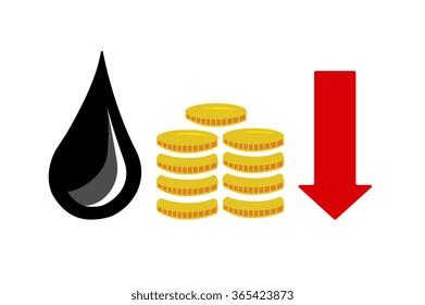 Flat vector image an oil drop, money and downwards arrow