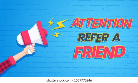 flat vector image on a blue background, a male hand holds a loudspeaker from which comes out a lightning with the inscription refer a friend