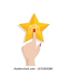 flat vector image on a blue background, a woman's hand points and clicks on a rating star.
