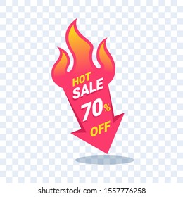 flat vector image on a transparent background, burning red arrow with the inscription hot sale, big discounts for stocks