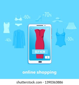 flat vector image on white background, easy and fast online shopping, a woman with a beautiful manicure buys a dress through her smartphone