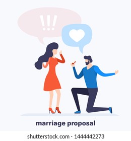 flat vector image on white background, a man standing on his knee makes a proposal to a woman in a red dress, Valentine's Day