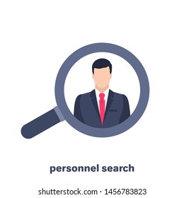 flat vector image on white background, icon of man in business suit and magnifier, search professional