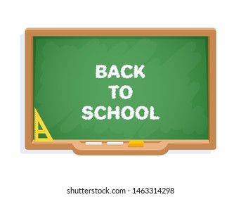flat vector image on white background, school board with pieces of chalk and a sponge, the inscription back to school.