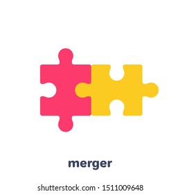 flat vector image on a white background, business icon, two pieces of a puzzle merged, merging in a business